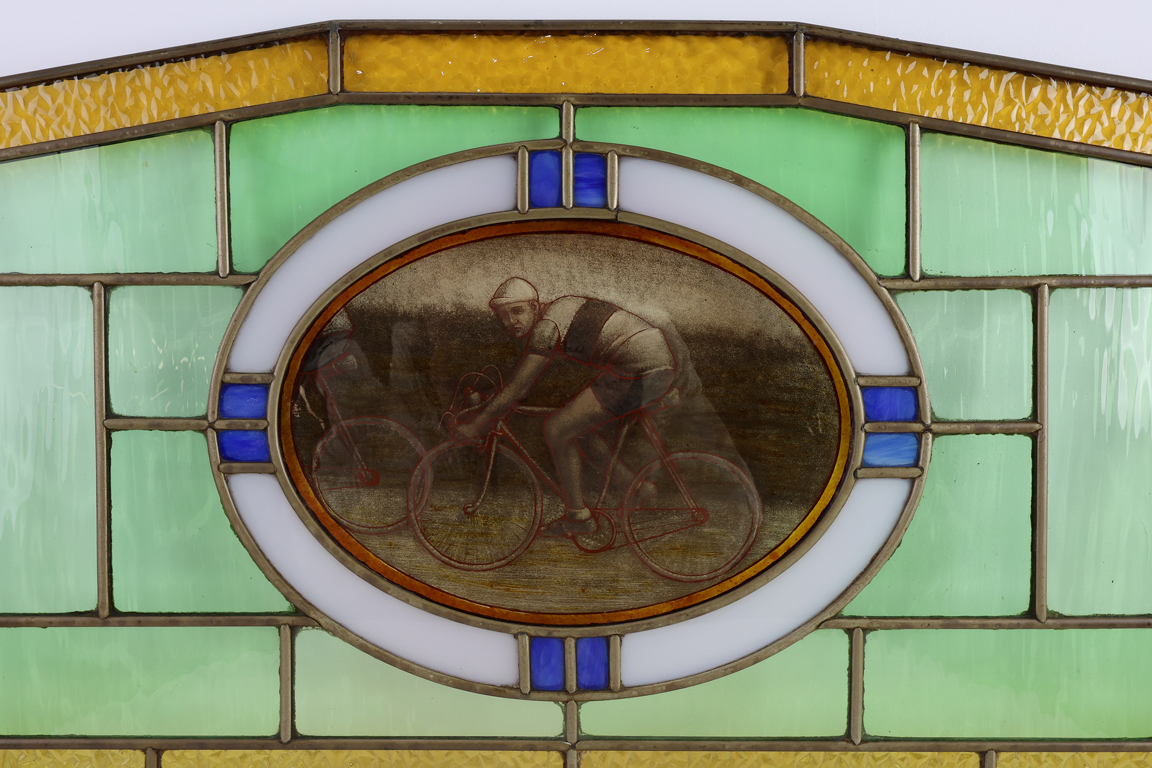 Art Deco Stained Glass Panel Depicting Cyclists in Motion, Belgium ca. 1910thumbnail